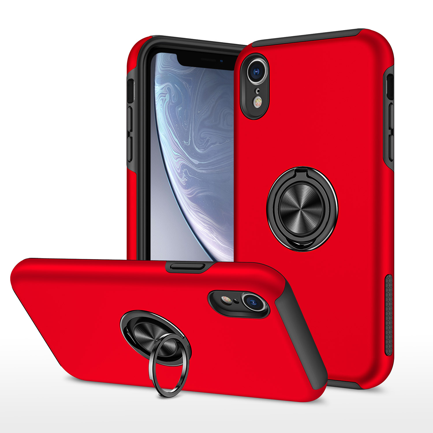 onvergeeflijk Surrey Hover iPhone XR Hoesje Rood met Ring en Magneet Shockproof Cover - IYUPP
